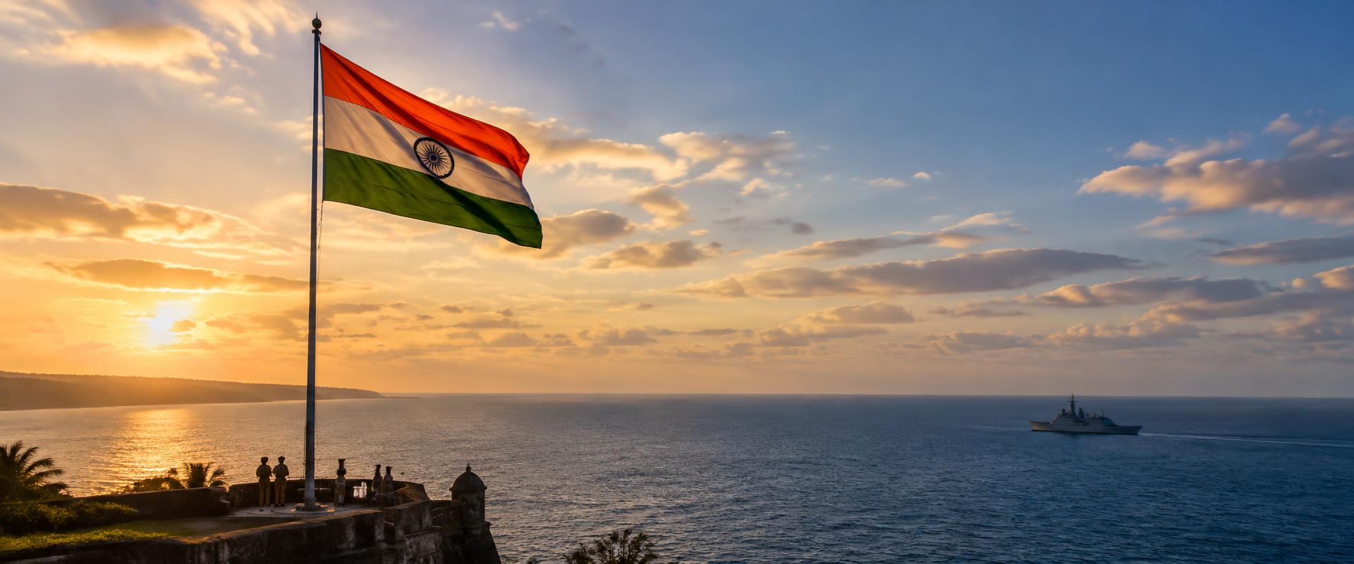 The Indian Tricolour flying over the coastline at dawn